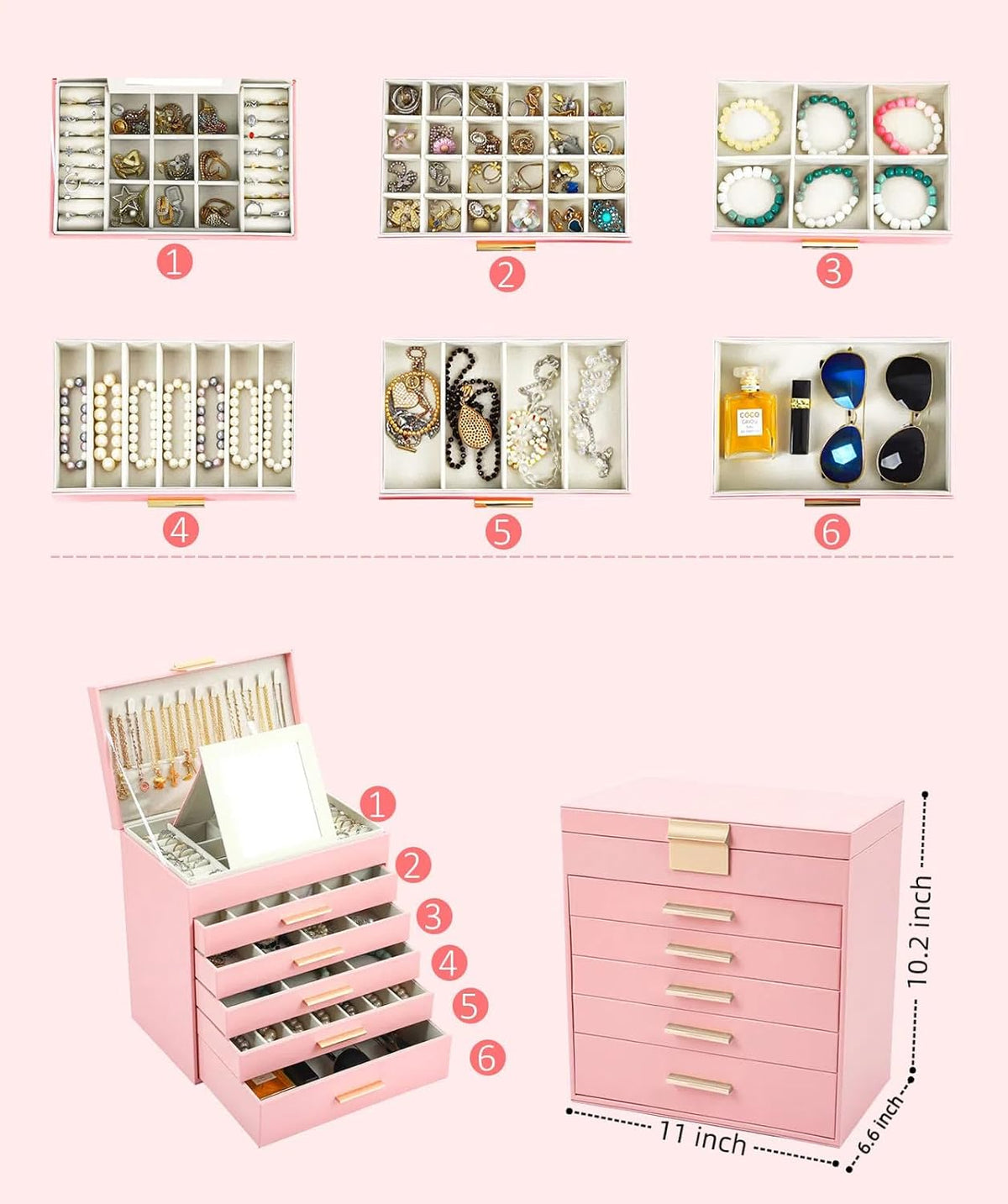 Jewelry Boxes for Women, White and Black 6 Layer Large Jewelry Box for Necklace, Bracelet, Earrings, Rings Storage, Jewelry holder Organizer for Girls Gift (Pink, 6 layer)
