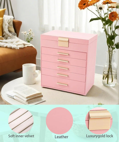 Jewelry Boxes for Women, White and Black 6 Layer Large Jewelry Box for Necklace, Bracelet, Earrings, Rings Storage, Jewelry holder Organizer for Girls Gift (Pink, 6 layer)