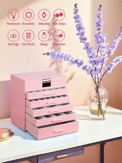 Jewelry Boxes for Women, White and Black 6 Layer Large Jewelry Box for Necklace, Bracelet, Earrings, Rings Storage, Jewelry holder Organizer for Girls Gift (Pink, 6 layer)