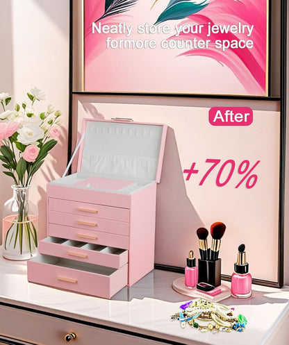 Jewelry Boxes for Women, White and Black 6 Layer Large Jewelry Box for Necklace, Bracelet, Earrings, Rings Storage, Jewelry holder Organizer for Girls Gift (Pink, 6 layer)