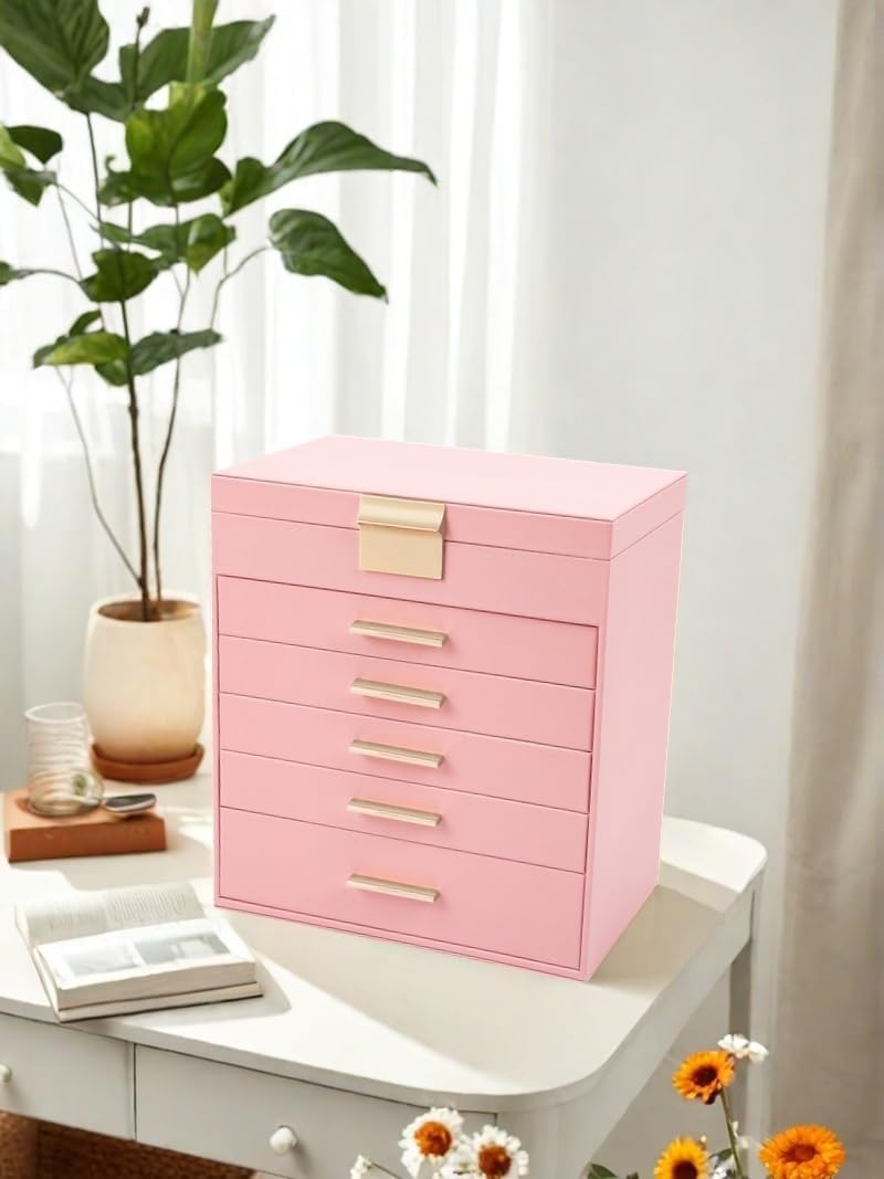 Jewelry Boxes for Women, White and Black 6 Layer Large Jewelry Box for Necklace, Bracelet, Earrings, Rings Storage, Jewelry holder Organizer for Girls Gift (Pink, 6 layer)