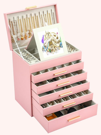 Jewelry Boxes for Women, White and Black 6 Layer Large Jewelry Box for Necklace, Bracelet, Earrings, Rings Storage, Jewelry holder Organizer for Girls Gift (Pink, 6 layer)