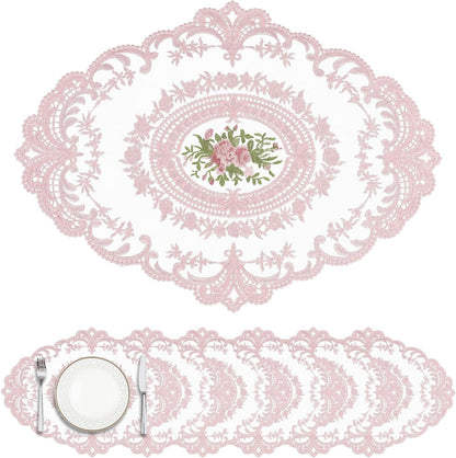 18 x 12 inch Set of 6 Lace Oval Placemats Vintage Floral Embroidered Washable Table Mats, Retro French Crochet Doilies Cup Mat for Wedding Tea Party, Pink