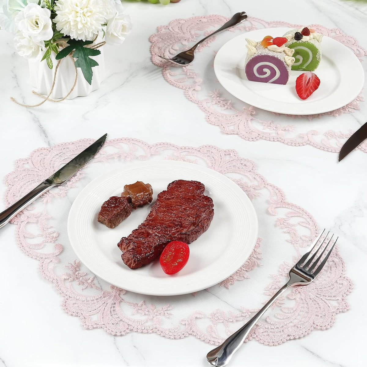 18 x 12 inch Set of 6 Lace Oval Placemats Vintage Floral Embroidered Washable Table Mats, Retro French Crochet Doilies Cup Mat for Wedding Tea Party, Pink