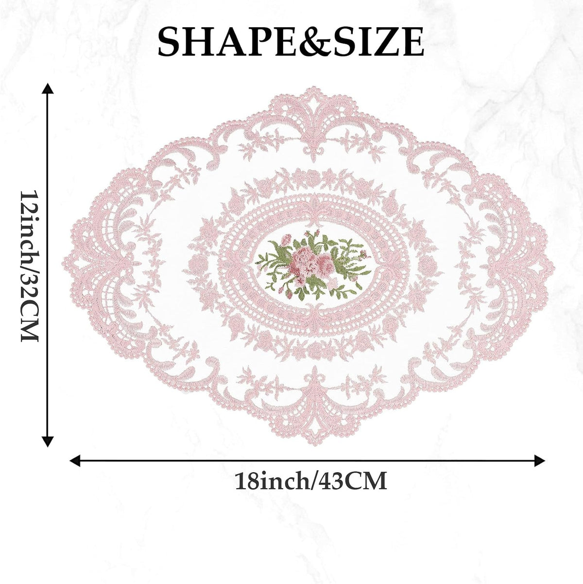 18 x 12 inch Set of 6 Lace Oval Placemats Vintage Floral Embroidered Washable Table Mats, Retro French Crochet Doilies Cup Mat for Wedding Tea Party, Pink