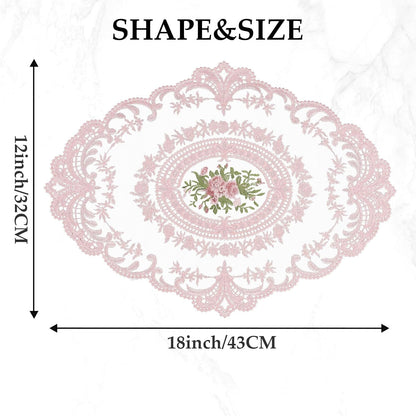 18 x 12 inch Set of 6 Lace Oval Placemats Vintage Floral Embroidered Washable Table Mats, Retro French Crochet Doilies Cup Mat for Wedding Tea Party, Pink