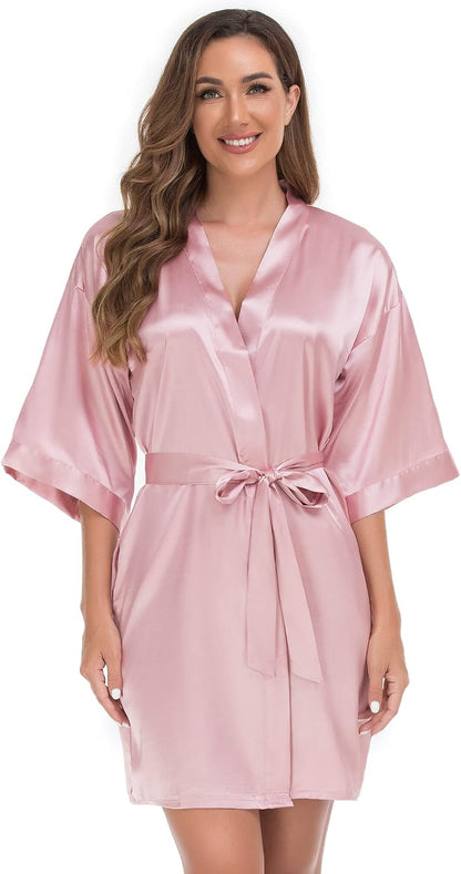 Womens Short Kimono Robe Bride Bridesmaids Wedding Satin Bathrobe