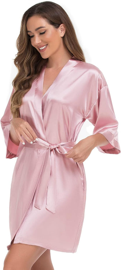 Womens Short Kimono Robe Bride Bridesmaids Wedding Satin Bathrobe