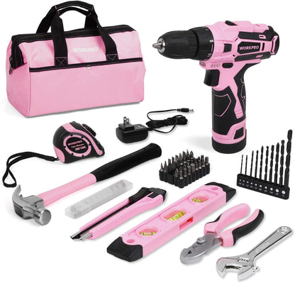 12V Pink Cordless Drill Driver and Home Tool Kit, Hand Tool Set for DIY, Home Maintenance, 14-inch Storage Bag Included - Pink Ribbon