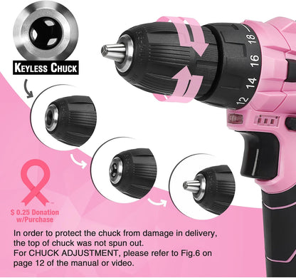 12V Pink Cordless Drill Driver and Home Tool Kit, Hand Tool Set for DIY, Home Maintenance, 14-inch Storage Bag Included - Pink Ribbon