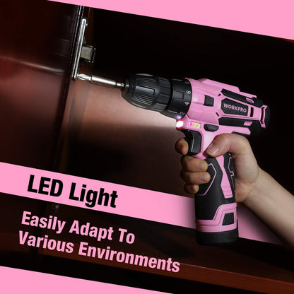 12V Pink Cordless Drill Driver and Home Tool Kit, Hand Tool Set for DIY, Home Maintenance, 14-inch Storage Bag Included - Pink Ribbon