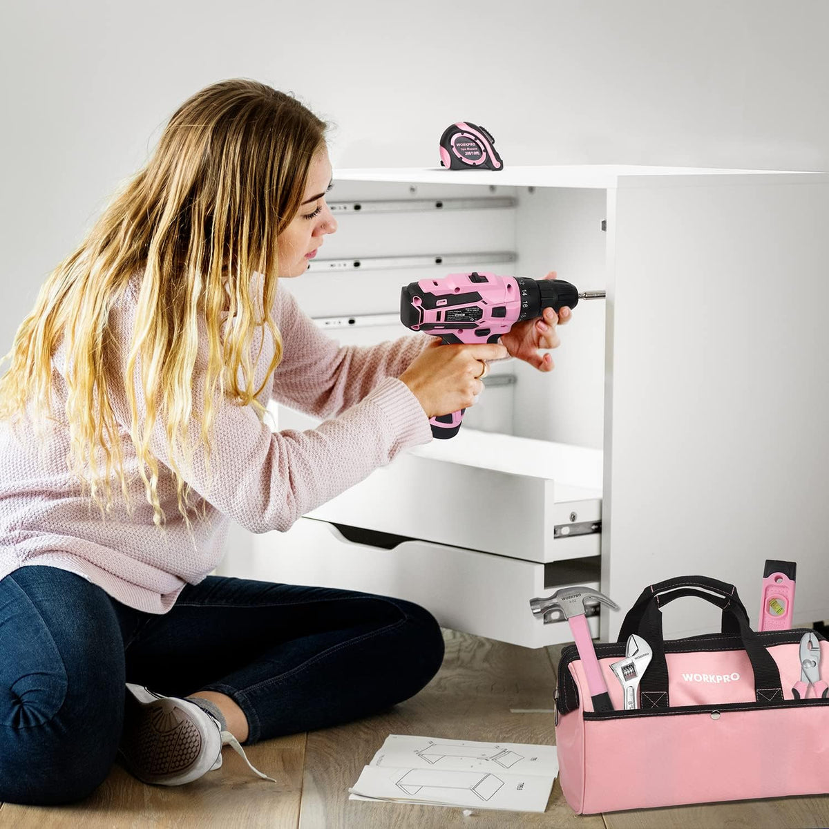 12V Pink Cordless Drill Driver and Home Tool Kit, Hand Tool Set for DIY, Home Maintenance, 14-inch Storage Bag Included - Pink Ribbon