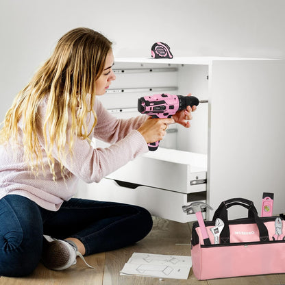 12V Pink Cordless Drill Driver and Home Tool Kit, Hand Tool Set for DIY, Home Maintenance, 14-inch Storage Bag Included - Pink Ribbon