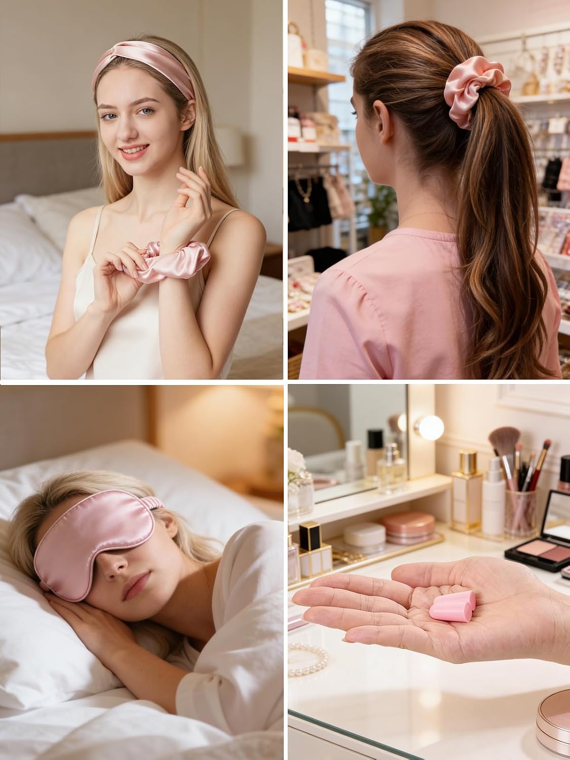 5 Pieces Silk Sleep Masks, Satin Eye Mask Set with Scrunchies, Headband, Pouch Bags & Earplugs, Soft Silky Eyes Cover Sleeping Eye Mask for Women Girl Birthday Bridesmaid Gifts (Pink)