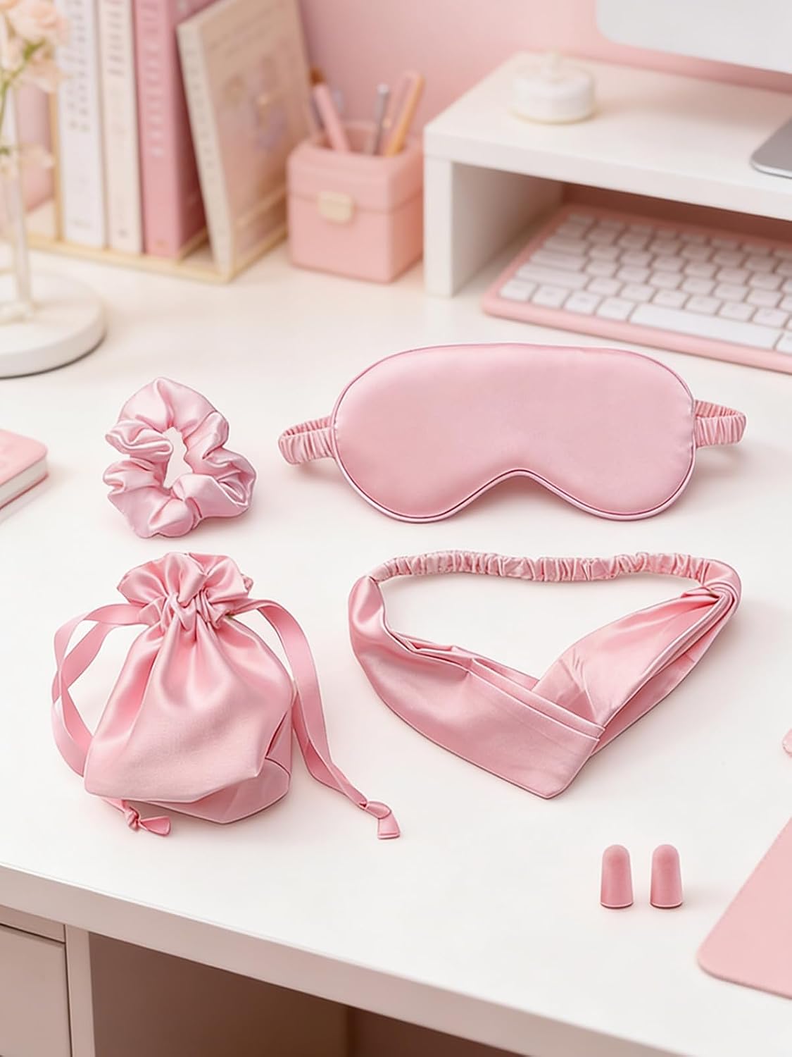 5 Pieces Silk Sleep Masks, Satin Eye Mask Set with Scrunchies, Headband, Pouch Bags & Earplugs, Soft Silky Eyes Cover Sleeping Eye Mask for Women Girl Birthday Bridesmaid Gifts (Pink)