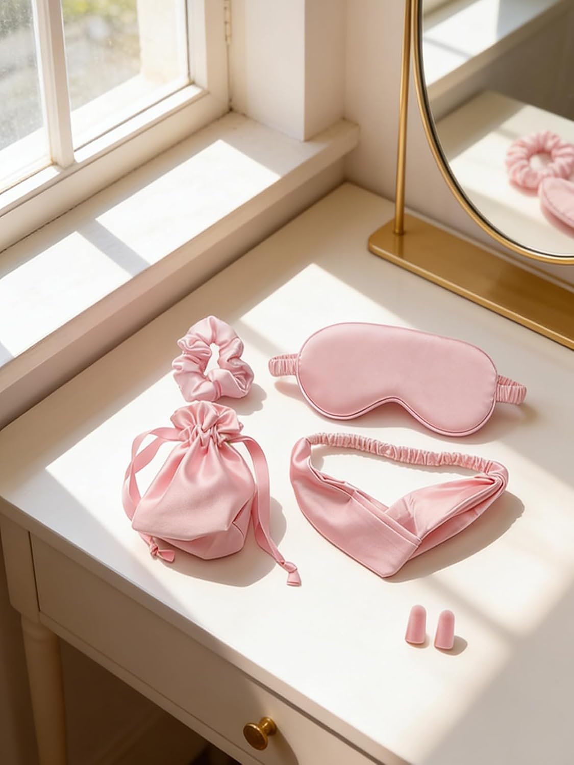 5 Pieces Silk Sleep Masks, Satin Eye Mask Set with Scrunchies, Headband, Pouch Bags & Earplugs, Soft Silky Eyes Cover Sleeping Eye Mask for Women Girl Birthday Bridesmaid Gifts (Pink)