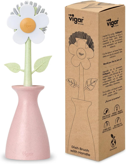 Florganic Dish Brush with Holder, Dish Scrubber, Pink