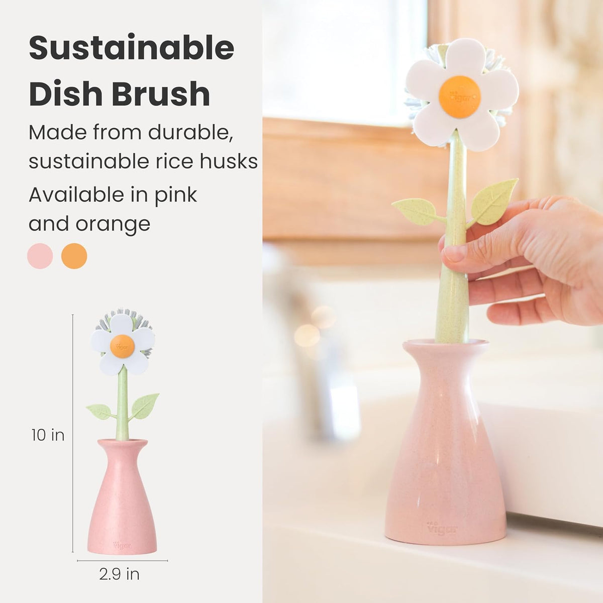 Florganic Dish Brush with Holder, Dish Scrubber, Pink