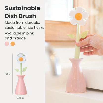 Florganic Dish Brush with Holder, Dish Scrubber, Pink
