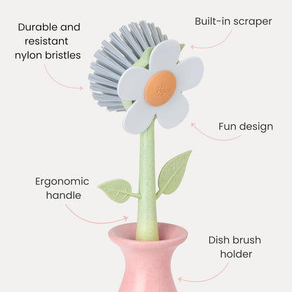 Florganic Dish Brush with Holder, Dish Scrubber, Pink