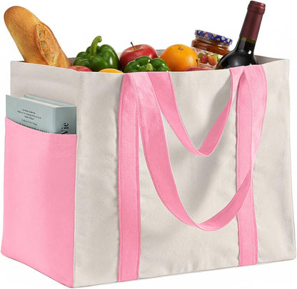 1-Pack Large Canvas Grocery Shopping Bag, Bottle Sleeves, Pink