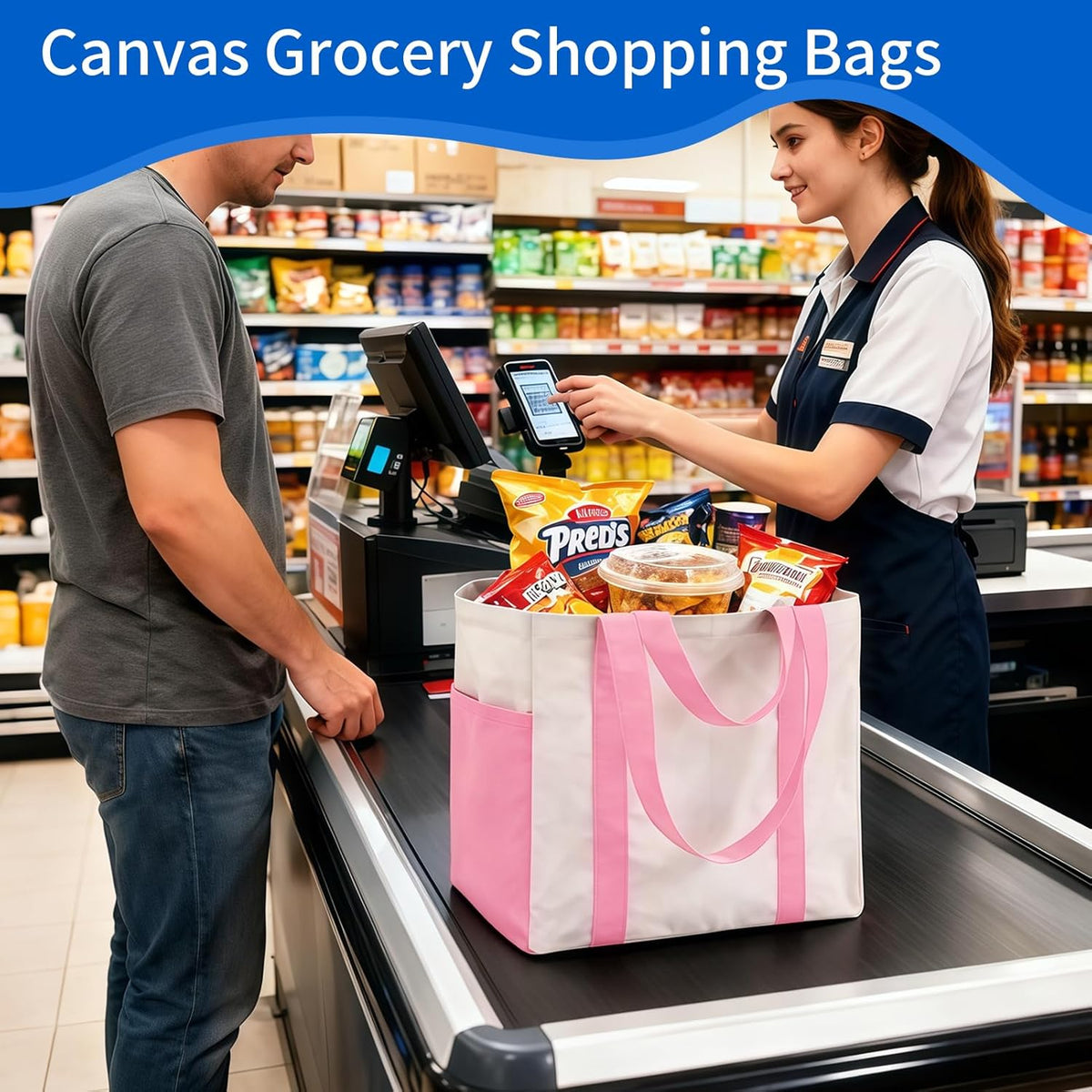 1-Pack Large Canvas Grocery Shopping Bag, Bottle Sleeves, Pink