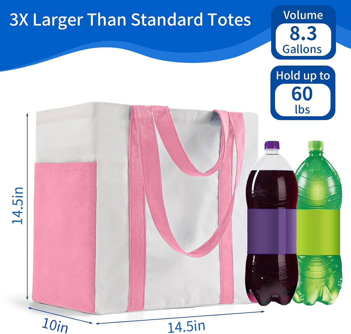 1-Pack Large Canvas Grocery Shopping Bag, Bottle Sleeves, Pink