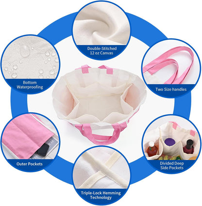 1-Pack Large Canvas Grocery Shopping Bag, Bottle Sleeves, Pink