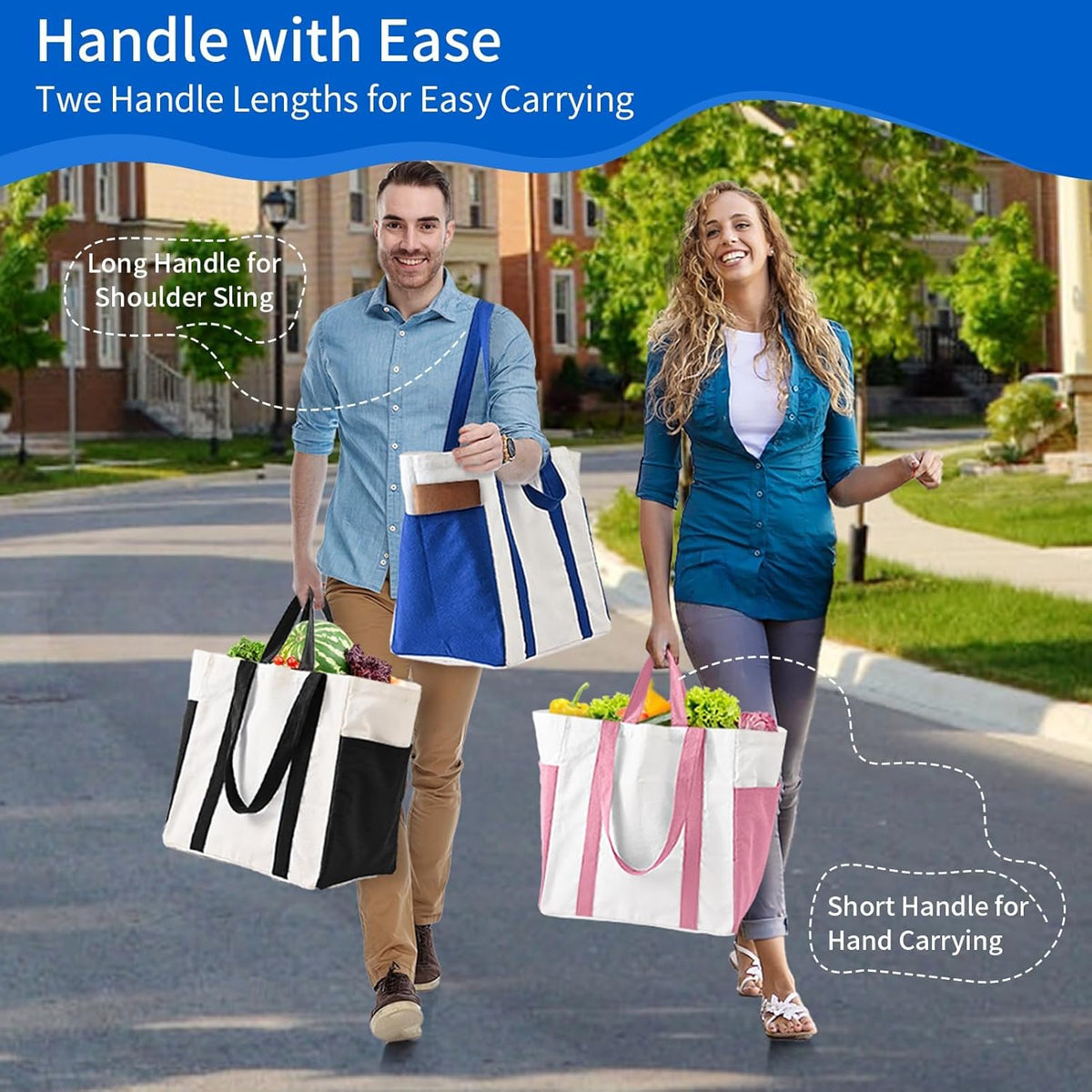 1-Pack Large Canvas Grocery Shopping Bag, Bottle Sleeves, Pink