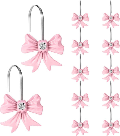 12pcs Pink Bow Shower Curtain Hooks Set, Bow Hooks Bathroom Rings Rust-Proof Resin Bow Pink Bathroom Accessories Hook, Shower Curtain Rings Shower Hooks for Straight Bent Rods Girls Bathroom Decor