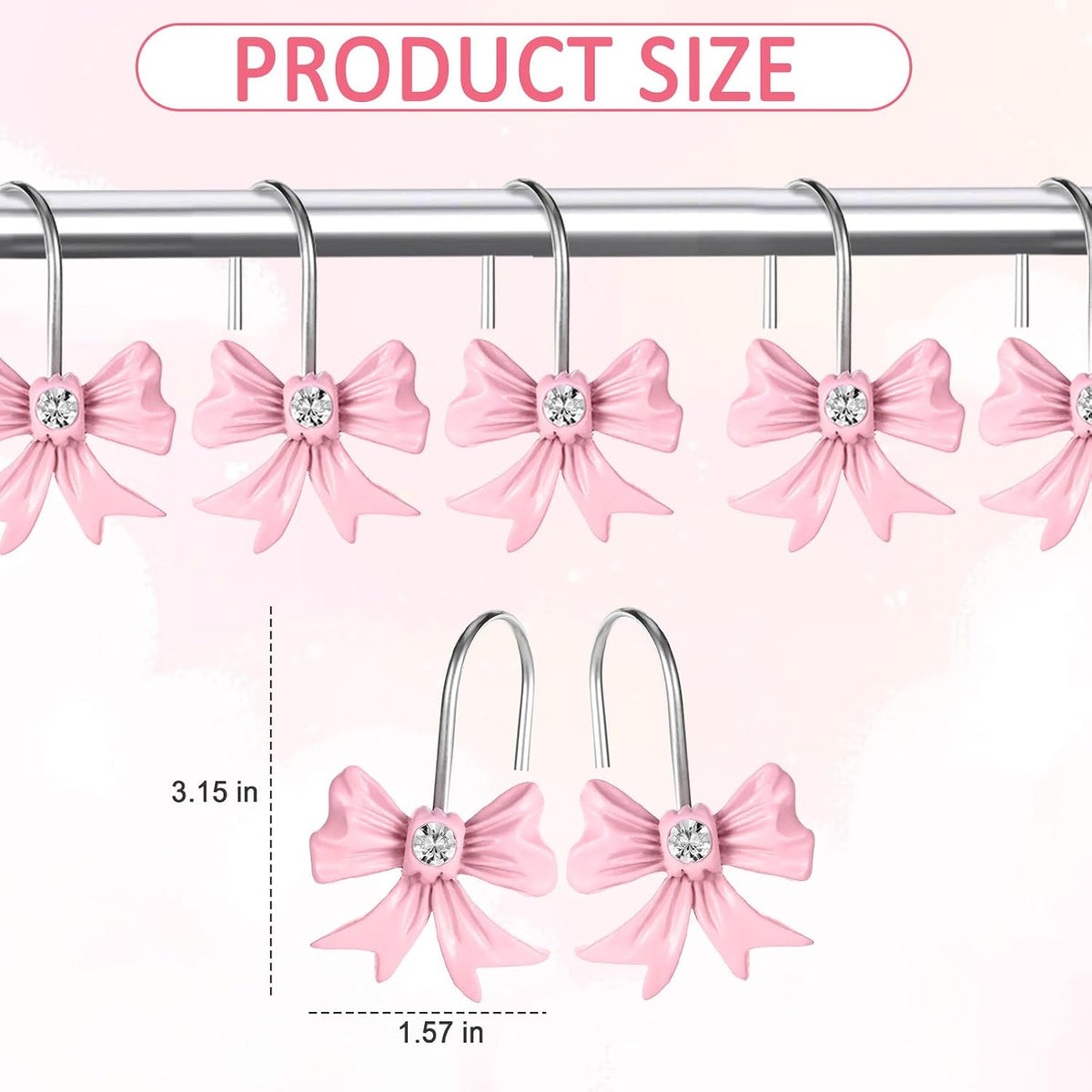 12pcs Pink Bow Shower Curtain Hooks Set, Bow Hooks Bathroom Rings Rust-Proof Resin Bow Pink Bathroom Accessories Hook, Shower Curtain Rings Shower Hooks for Straight Bent Rods Girls Bathroom Decor