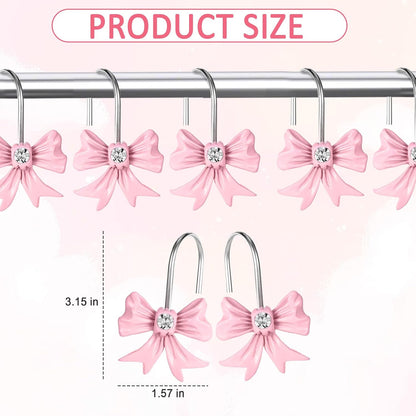 12pcs Pink Bow Shower Curtain Hooks Set, Bow Hooks Bathroom Rings Rust-Proof Resin Bow Pink Bathroom Accessories Hook, Shower Curtain Rings Shower Hooks for Straight Bent Rods Girls Bathroom Decor