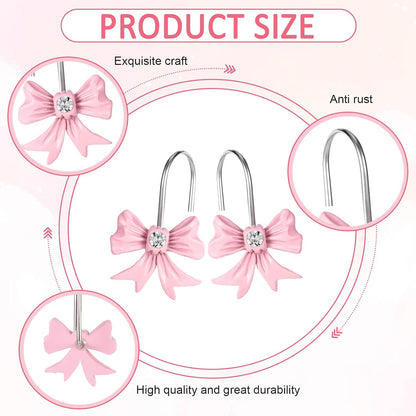 12pcs Pink Bow Shower Curtain Hooks Set, Bow Hooks Bathroom Rings Rust-Proof Resin Bow Pink Bathroom Accessories Hook, Shower Curtain Rings Shower Hooks for Straight Bent Rods Girls Bathroom Decor