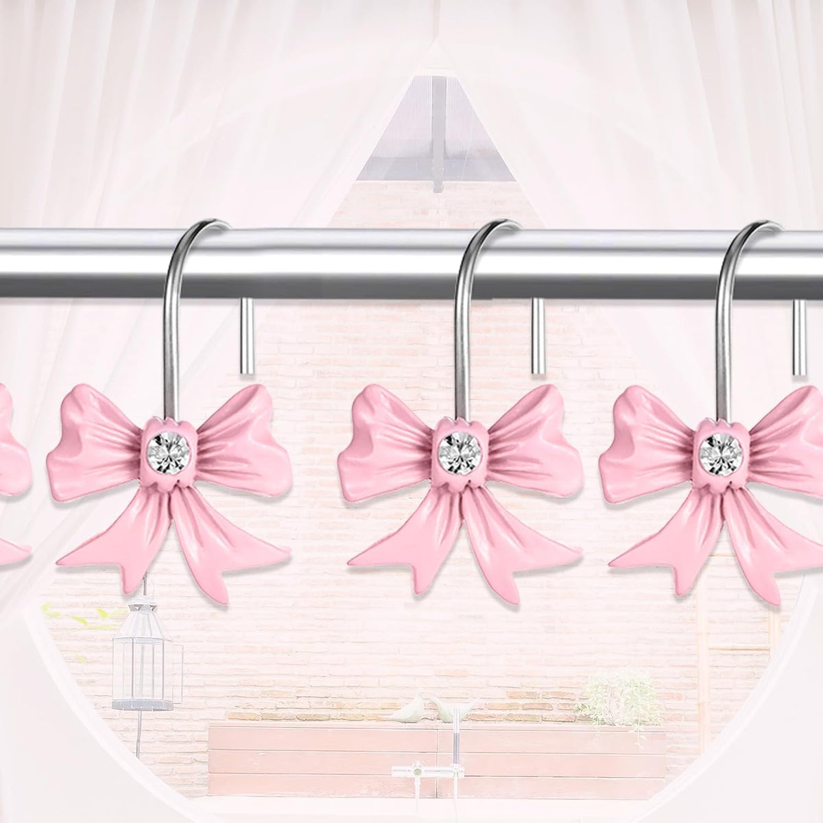 12pcs Pink Bow Shower Curtain Hooks Set, Bow Hooks Bathroom Rings Rust-Proof Resin Bow Pink Bathroom Accessories Hook, Shower Curtain Rings Shower Hooks for Straight Bent Rods Girls Bathroom Decor