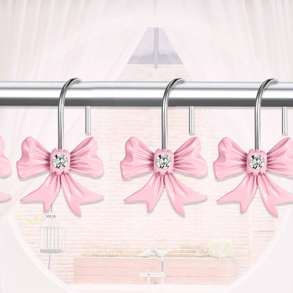 12pcs Pink Bow Shower Curtain Hooks Set, Bow Hooks Bathroom Rings Rust-Proof Resin Bow Pink Bathroom Accessories Hook, Shower Curtain Rings Shower Hooks for Straight Bent Rods Girls Bathroom Decor