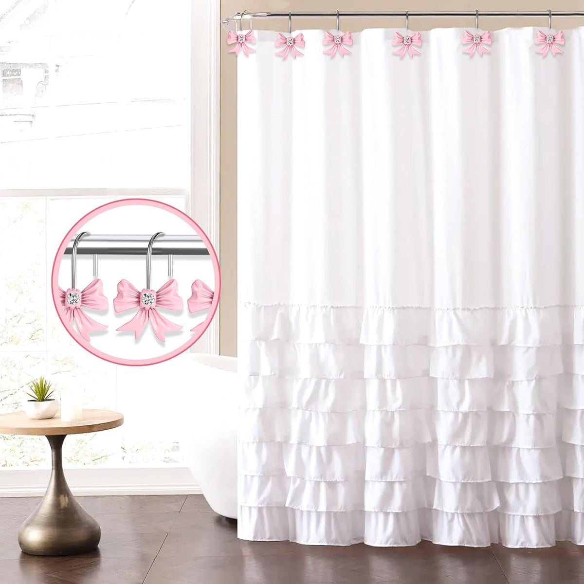12pcs Pink Bow Shower Curtain Hooks Set, Bow Hooks Bathroom Rings Rust-Proof Resin Bow Pink Bathroom Accessories Hook, Shower Curtain Rings Shower Hooks for Straight Bent Rods Girls Bathroom Decor