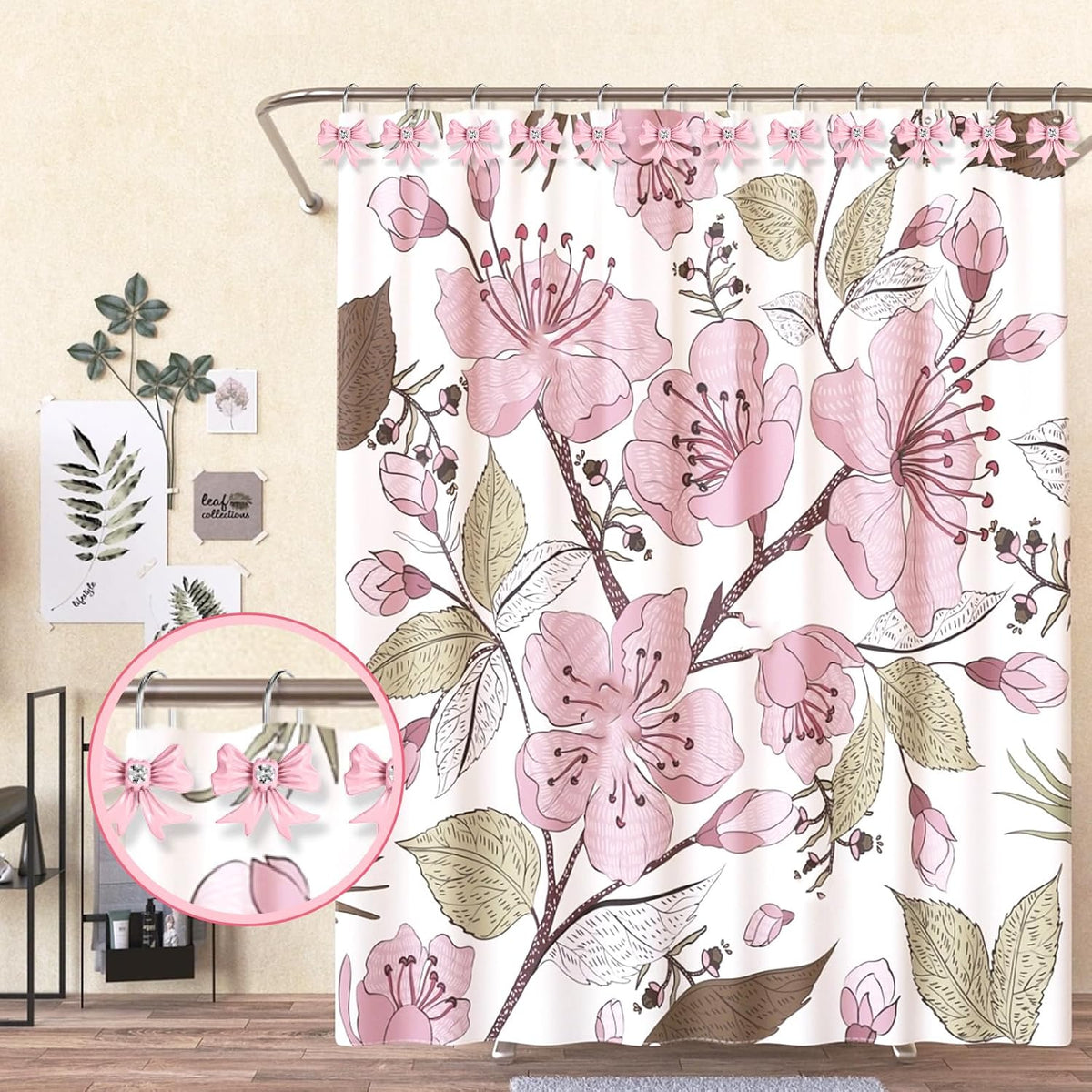 12pcs Pink Bow Shower Curtain Hooks Set, Bow Hooks Bathroom Rings Rust-Proof Resin Bow Pink Bathroom Accessories Hook, Shower Curtain Rings Shower Hooks for Straight Bent Rods Girls Bathroom Decor