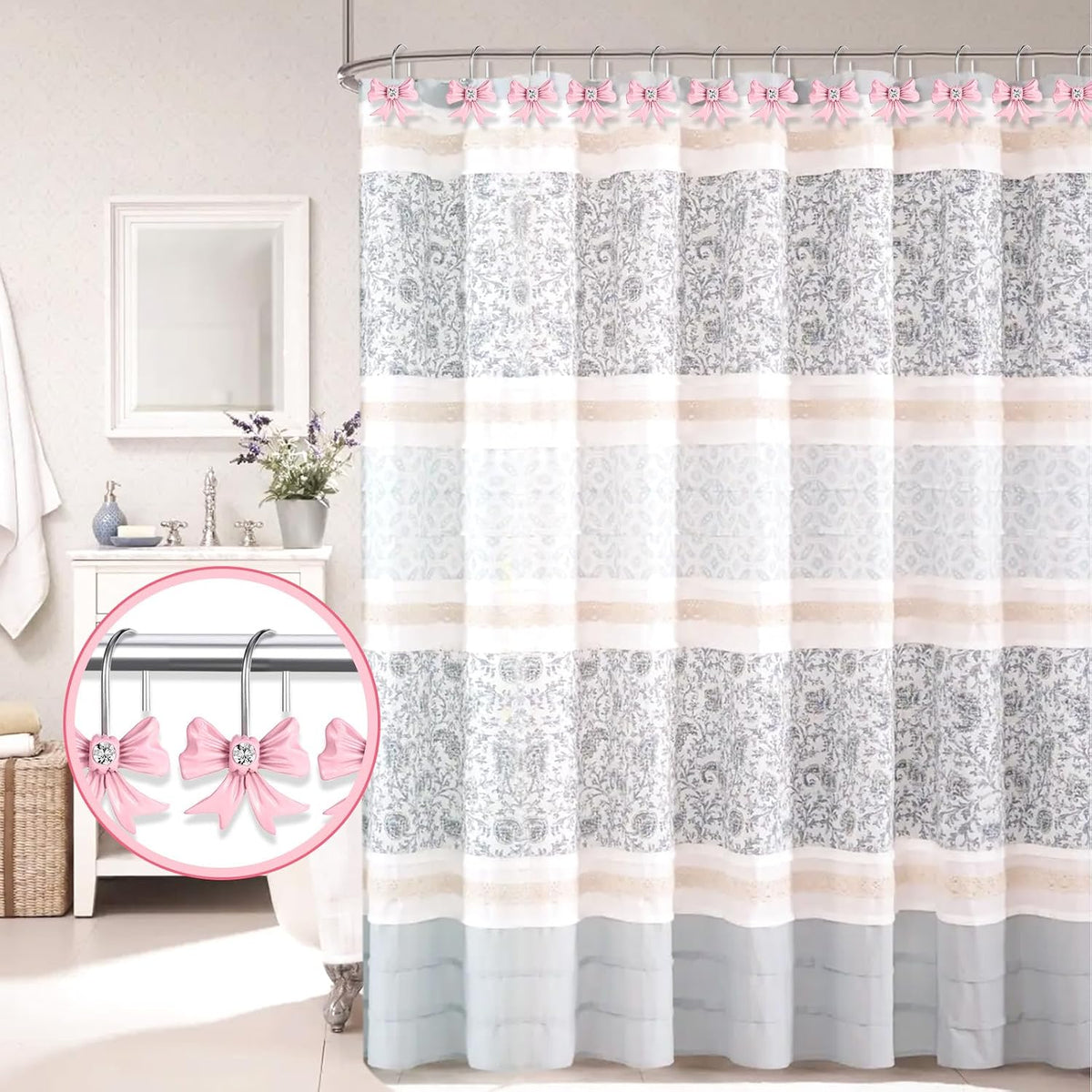 12pcs Pink Bow Shower Curtain Hooks Set, Bow Hooks Bathroom Rings Rust-Proof Resin Bow Pink Bathroom Accessories Hook, Shower Curtain Rings Shower Hooks for Straight Bent Rods Girls Bathroom Decor