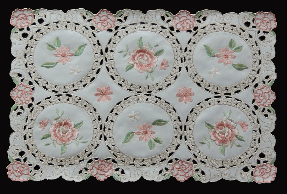 Embroidered Placemats, 11x17 Ivory, Set of 4, Pink Rose Daisy Floral, Pastel