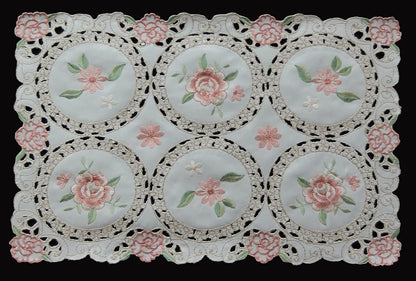 Embroidered Placemats, 11x17 Ivory, Set of 4, Pink Rose Daisy Floral, Pastel