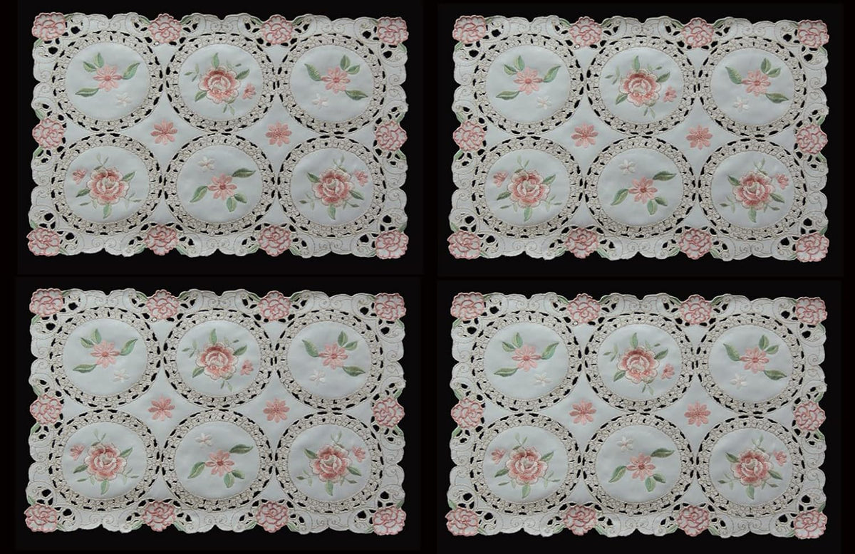 Embroidered Placemats, 11x17 Ivory, Set of 4, Pink Rose Daisy Floral, Pastel