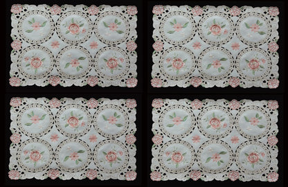 Embroidered Placemats, 11x17 Ivory, Set of 4, Pink Rose Daisy Floral, Pastel