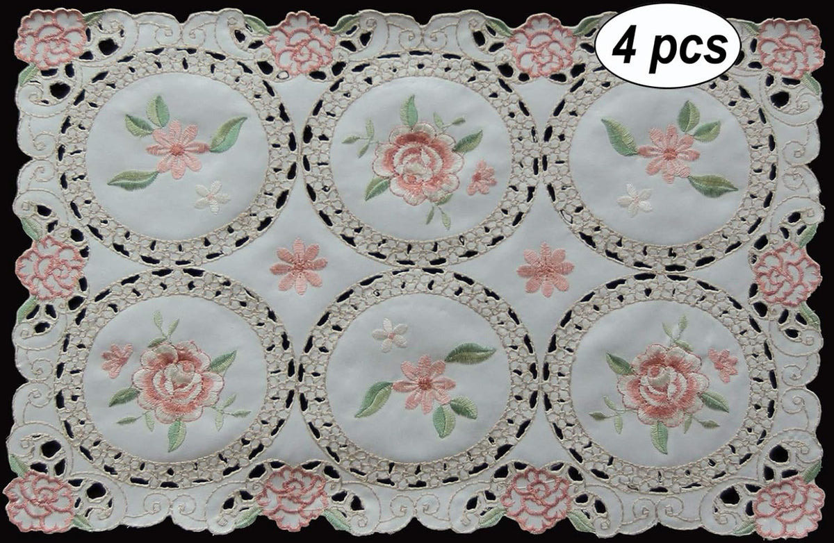 Embroidered Placemats, 11x17 Ivory, Set of 4, Pink Rose Daisy Floral, Pastel
