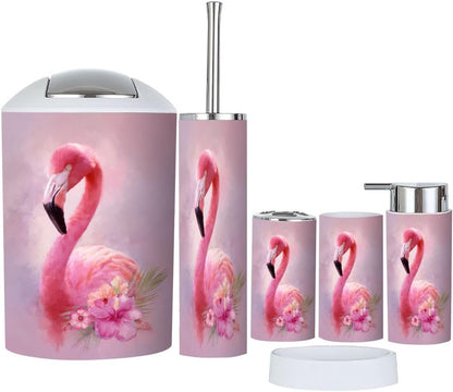 Pink Coastal Bathroom Accessories Set 6 piece Mermaid Flamingo Inspirational Pink Flower Flamingo Golden Plastic shatterproof Vanity Organization countertop Decor for Home, Apartment, Dorm
