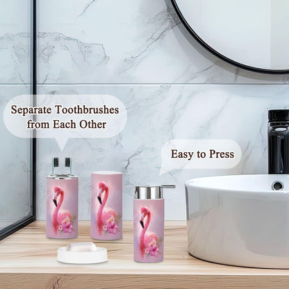 Pink Coastal Bathroom Accessories Set 6 piece Mermaid Flamingo Inspirational Pink Flower Flamingo Golden Plastic shatterproof Vanity Organization countertop Decor for Home, Apartment, Dorm