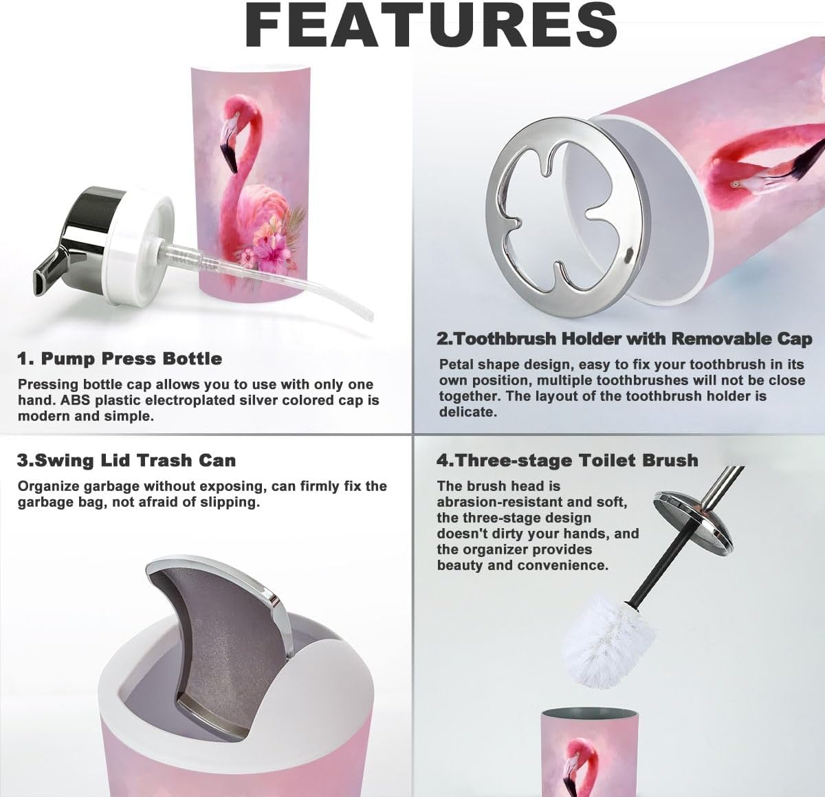 Pink Coastal Bathroom Accessories Set 6 piece Mermaid Flamingo Inspirational Pink Flower Flamingo Golden Plastic shatterproof Vanity Organization countertop Decor for Home, Apartment, Dorm