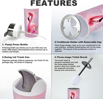 Pink Coastal Bathroom Accessories Set 6 piece Mermaid Flamingo Inspirational Pink Flower Flamingo Golden Plastic shatterproof Vanity Organization countertop Decor for Home, Apartment, Dorm