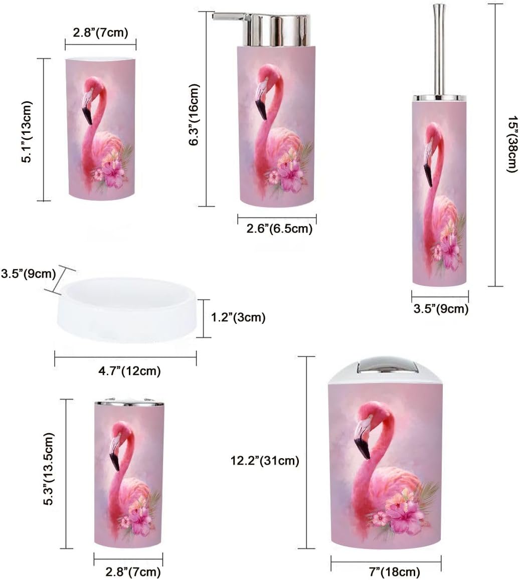 Pink Coastal Bathroom Accessories Set 6 piece Mermaid Flamingo Inspirational Pink Flower Flamingo Golden Plastic shatterproof Vanity Organization countertop Decor for Home, Apartment, Dorm