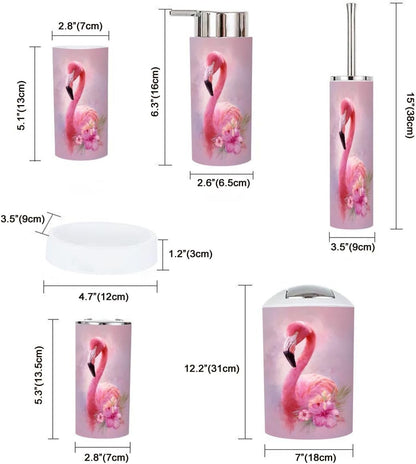 Pink Coastal Bathroom Accessories Set 6 piece Mermaid Flamingo Inspirational Pink Flower Flamingo Golden Plastic shatterproof Vanity Organization countertop Decor for Home, Apartment, Dorm