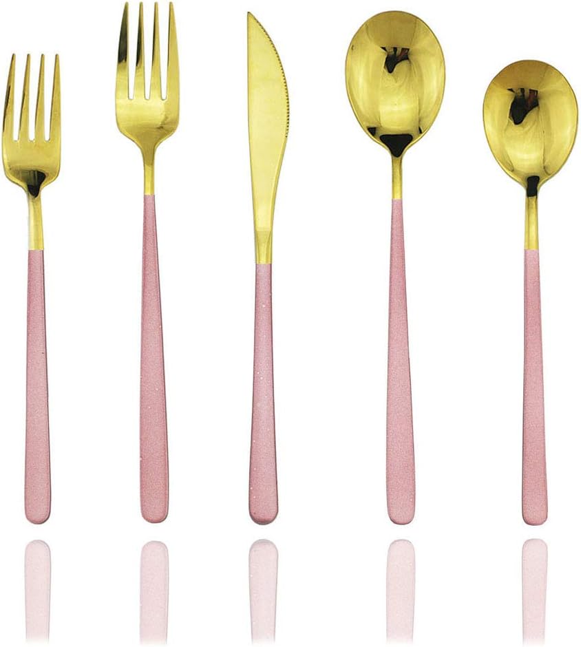 20-Piece SUS304 Stainless Steel Flatware Set, Mirror Polishing Dinnerware Set Service for 4, Knife/Fork/Spoon/Dessert Spoon/Dessert Fork (Pink gold)